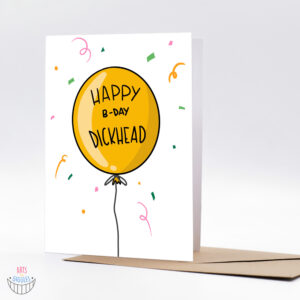 ilustrirana čestitka handmade žuti balon happy s natpisom happy birthday dickhead