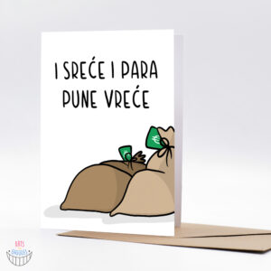 ilustrirana hand made čestitka s natpisom i sreće i para pune vreće