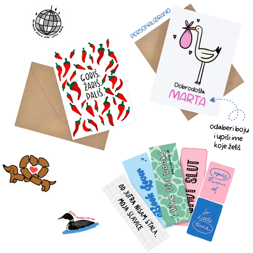 Ilustrirane čestitke, bookmarkeri, naljepnice i privjesci — Arts and Giggles